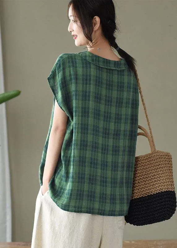 Women Black White Plaid Peter Pan Collar Cotton Shirts Summer