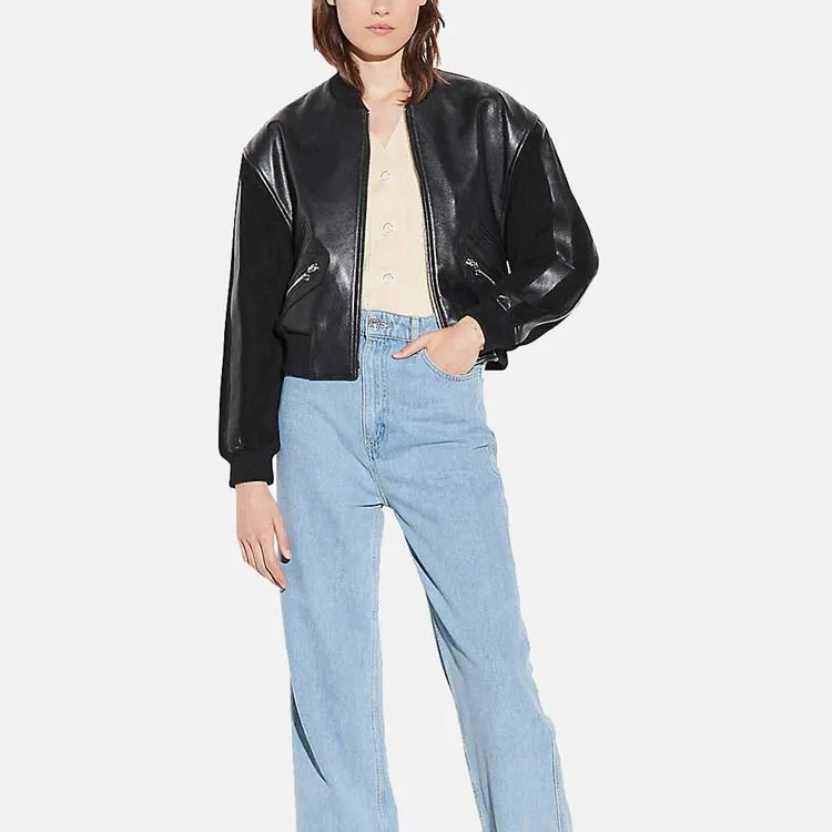 Women’s Black Leather Bomber Jacket