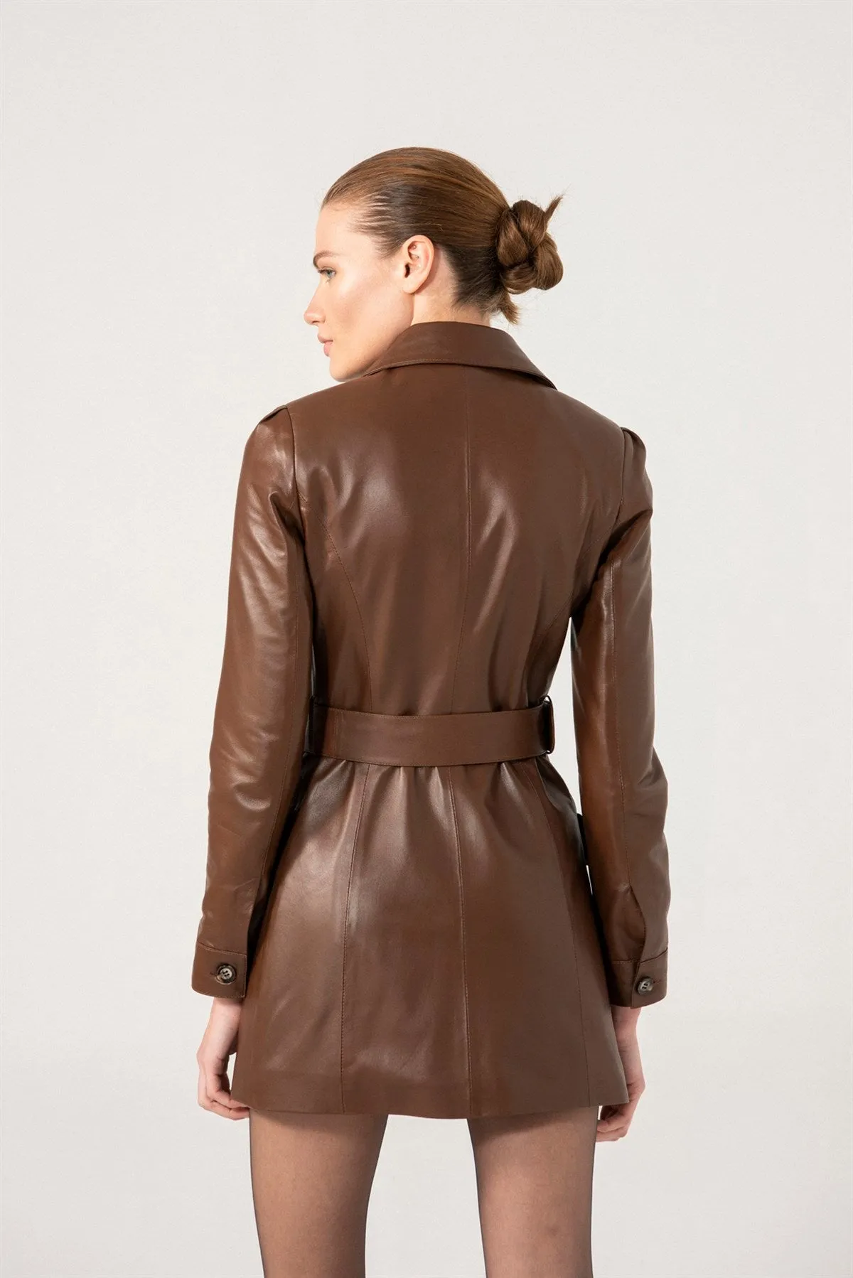 Women’s Chocolate Brown Sheepskin Leather Trucker Trench Coat