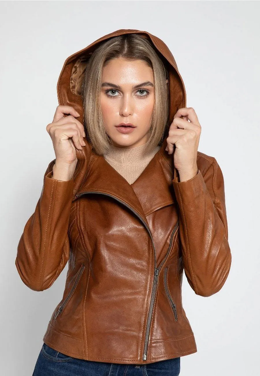 Women’s Tan Brown Leather Hooded Biker Jacket