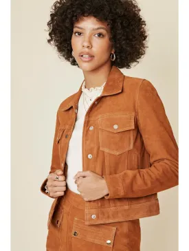 Women’s Tan Brown Suede Leather Trucker Jacket