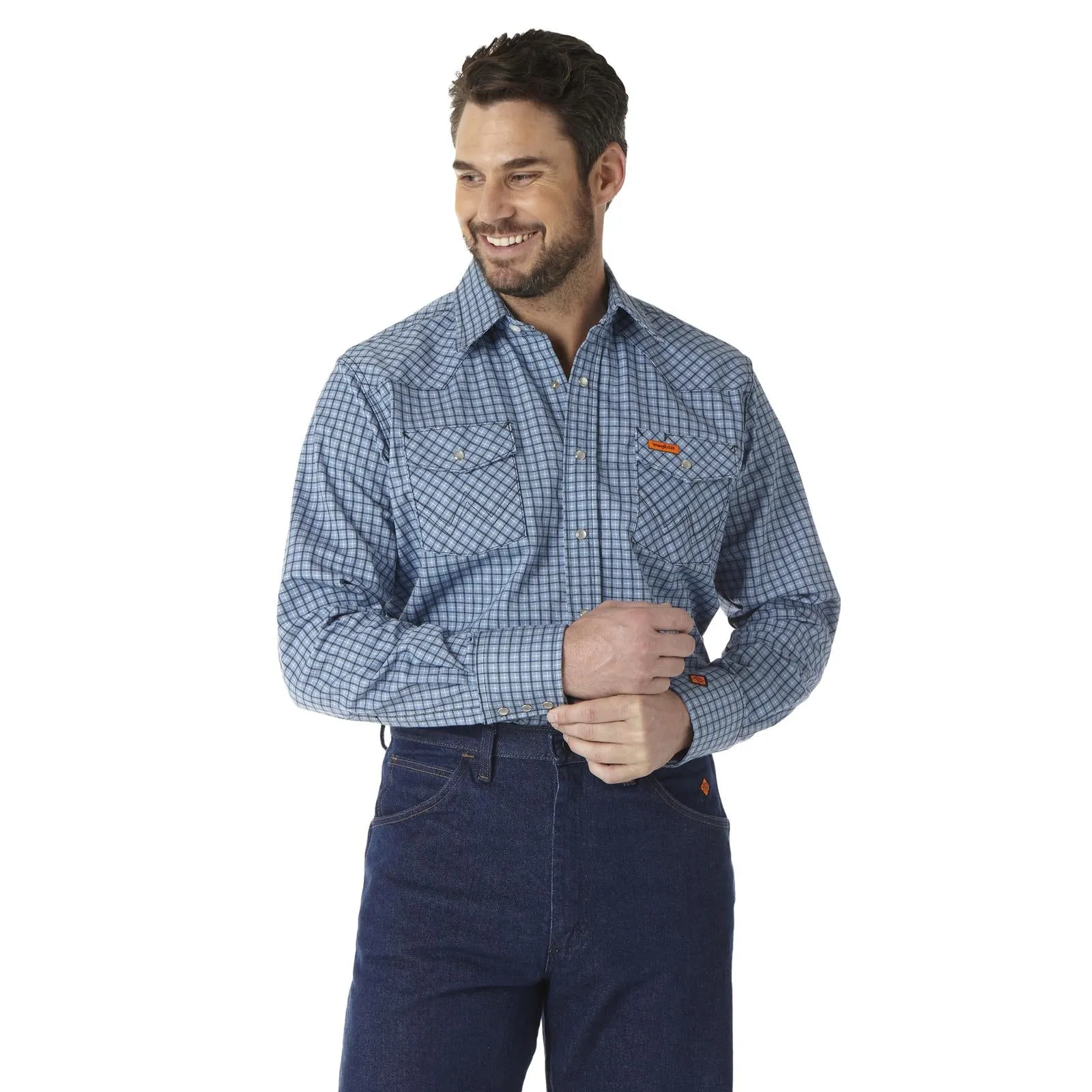 Wrangler, FR Flame Resistant Long Sleeve Work Snap Shirt, FR123BL, Blue/ White Plaid