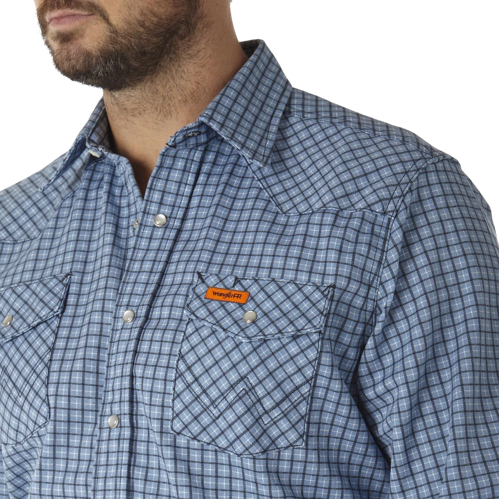 Wrangler, FR Flame Resistant Long Sleeve Work Snap Shirt, FR123BL, Blue/ White Plaid